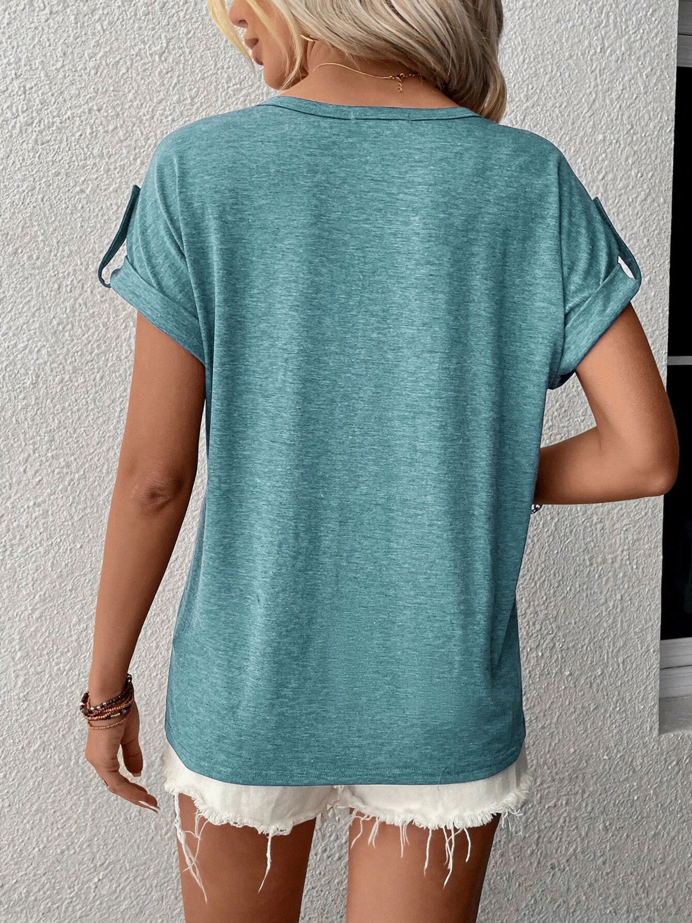 Trendsi Full Size Casual V-Neck Henley Top with Rolled Sleeves Plus Size - Shirts