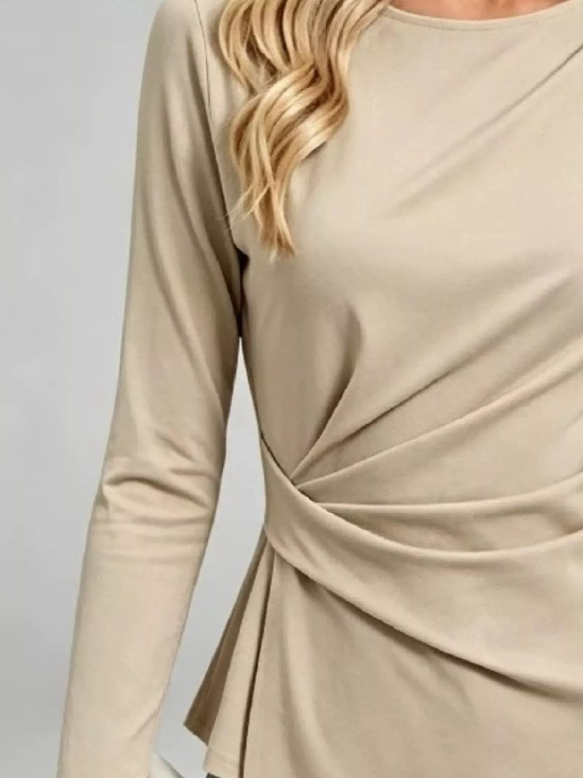 Women's Ruched Waist Long Sleeve T-Shirt in beige — waist detail view