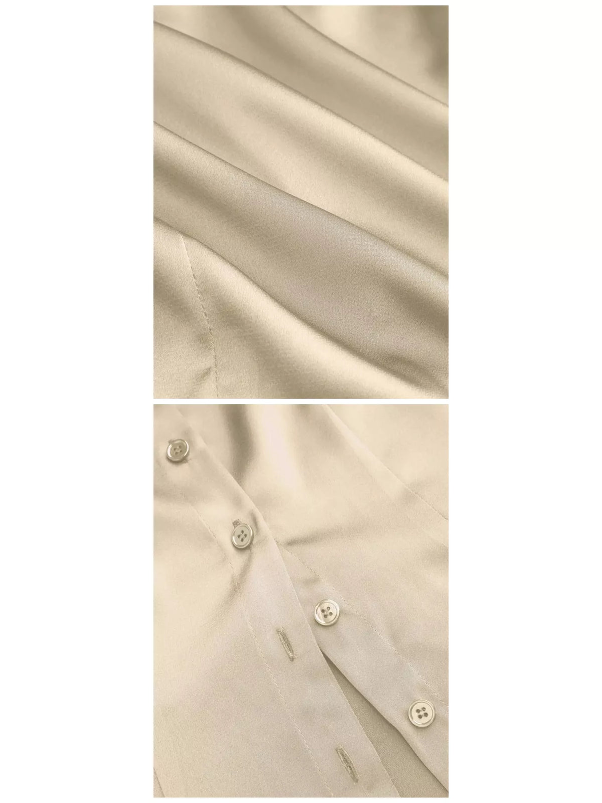 Satin Short Sleeve Button-Down Shirt, detail view in beige