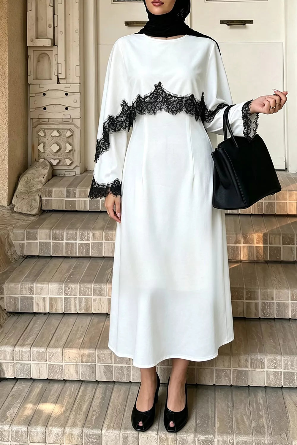 Lace trim round neck midi dress