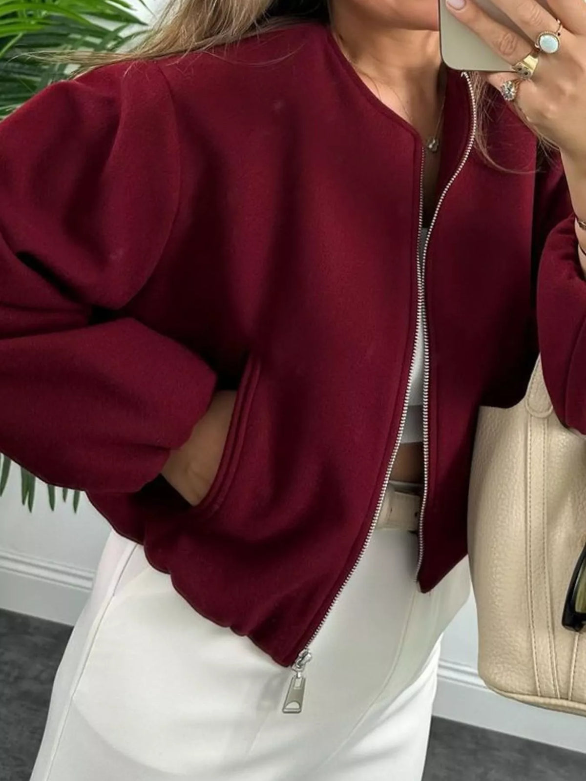 Cropped Round-Neck Zip-Up Jacket — side view