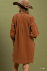 Trendsi Umgee Corduroy V-Neck Puff Sleeve Shift Dress with Pockets -