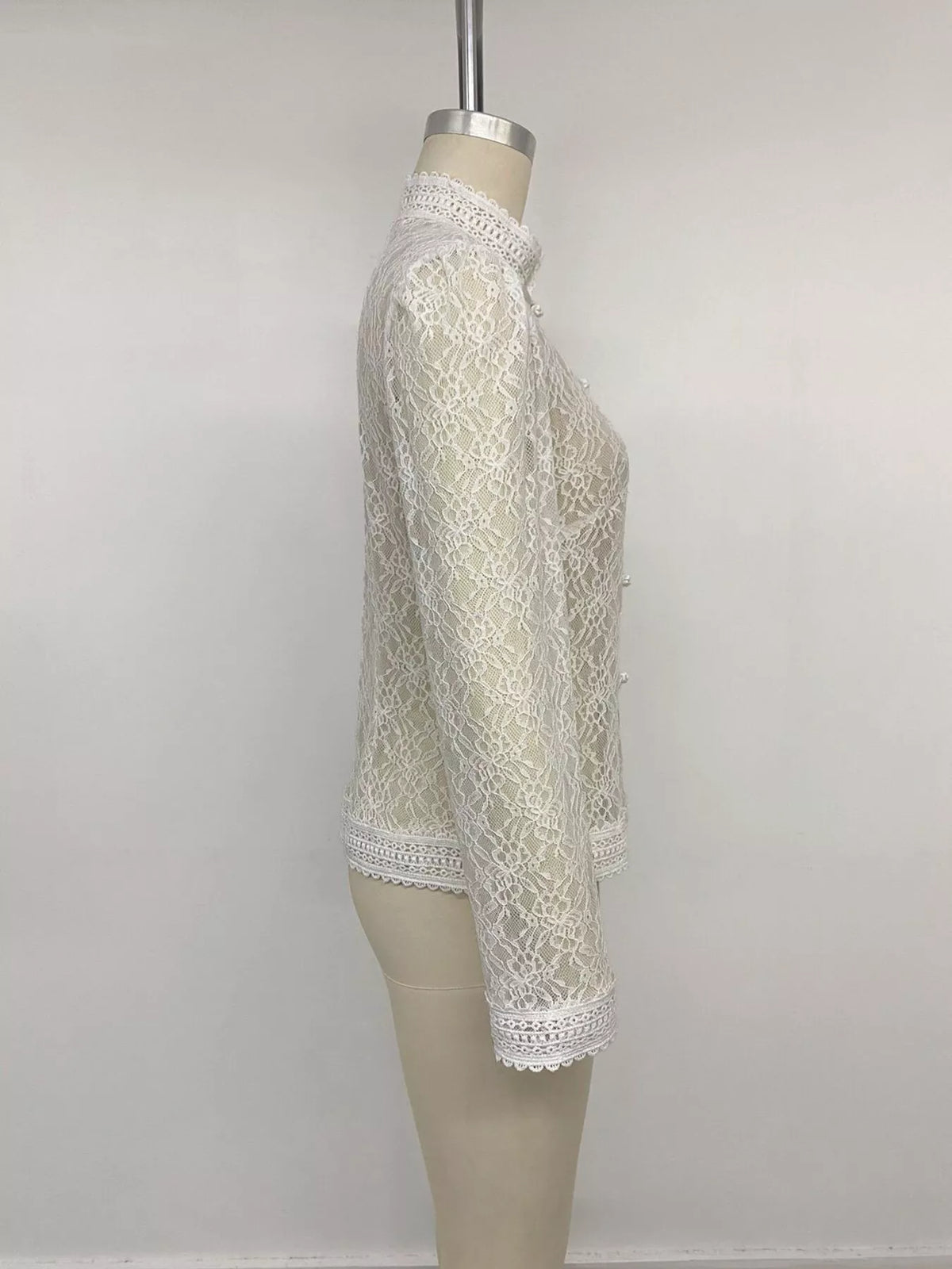 Lace mandarin-collar frog-button shirt