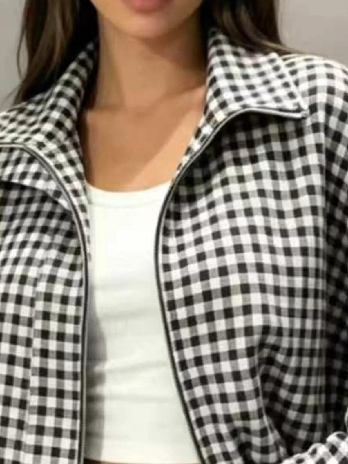 Plaid Zip-Up Jacket in black and white, front view