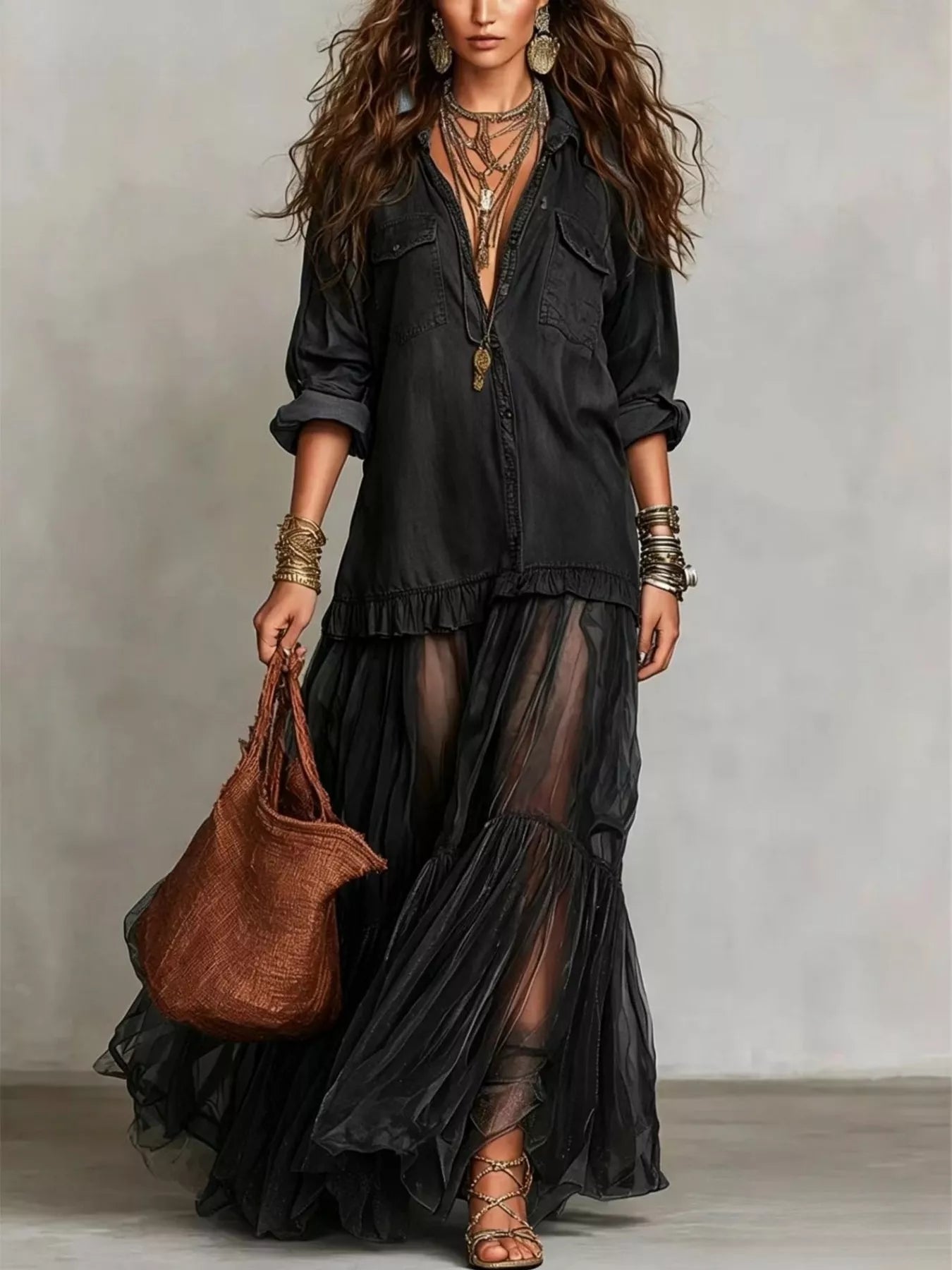 Trendsi Full Size Tiered Long Sleeve Denim Shirt Maxi Dress Plus Size -