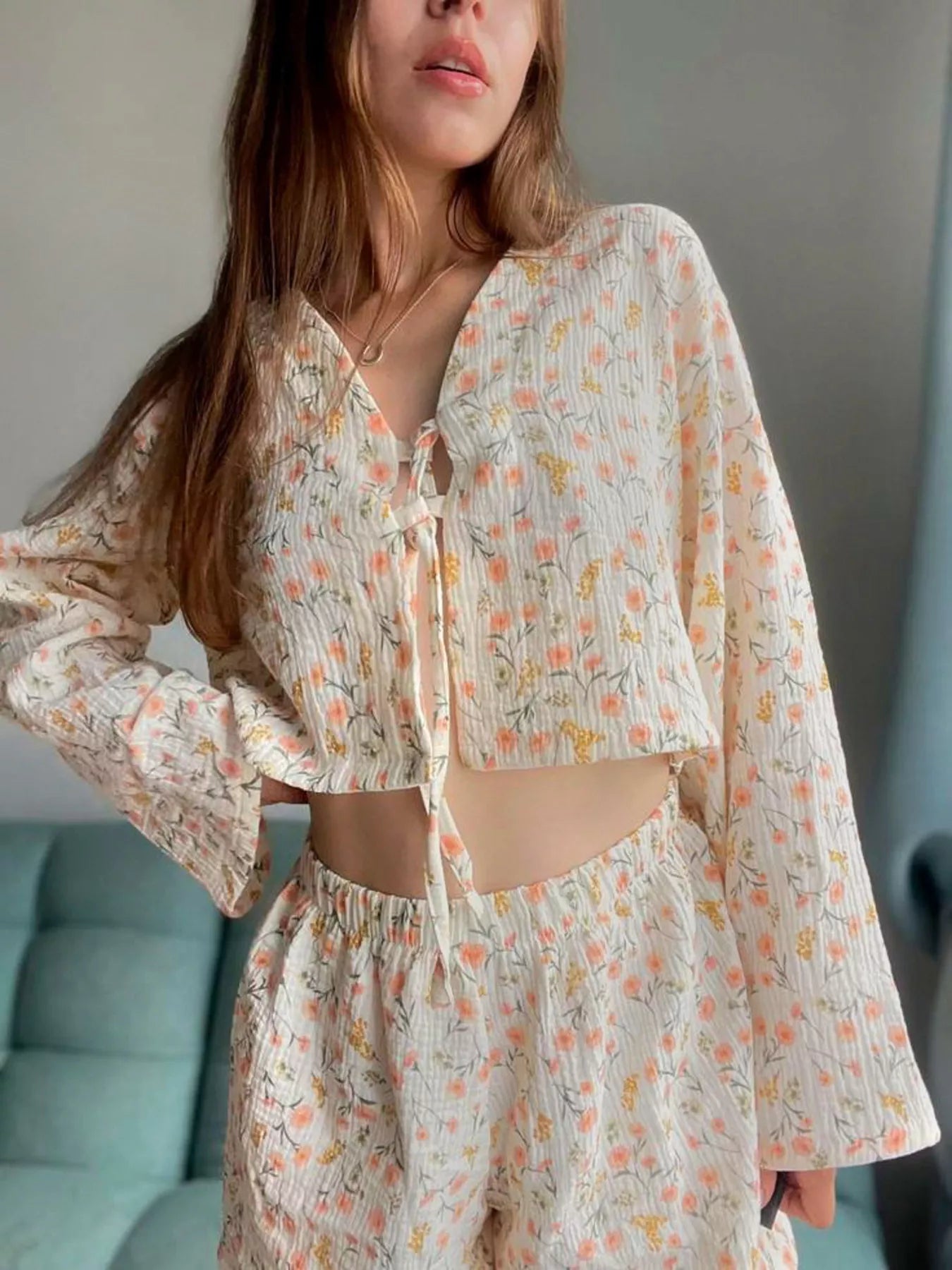 Trendsi Floral Print Crinkle Texture Tie-Front Top and Shorts Set -