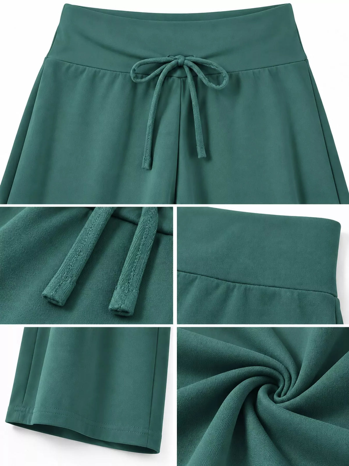 Teal drawstring wide-leg pants — design and construction details