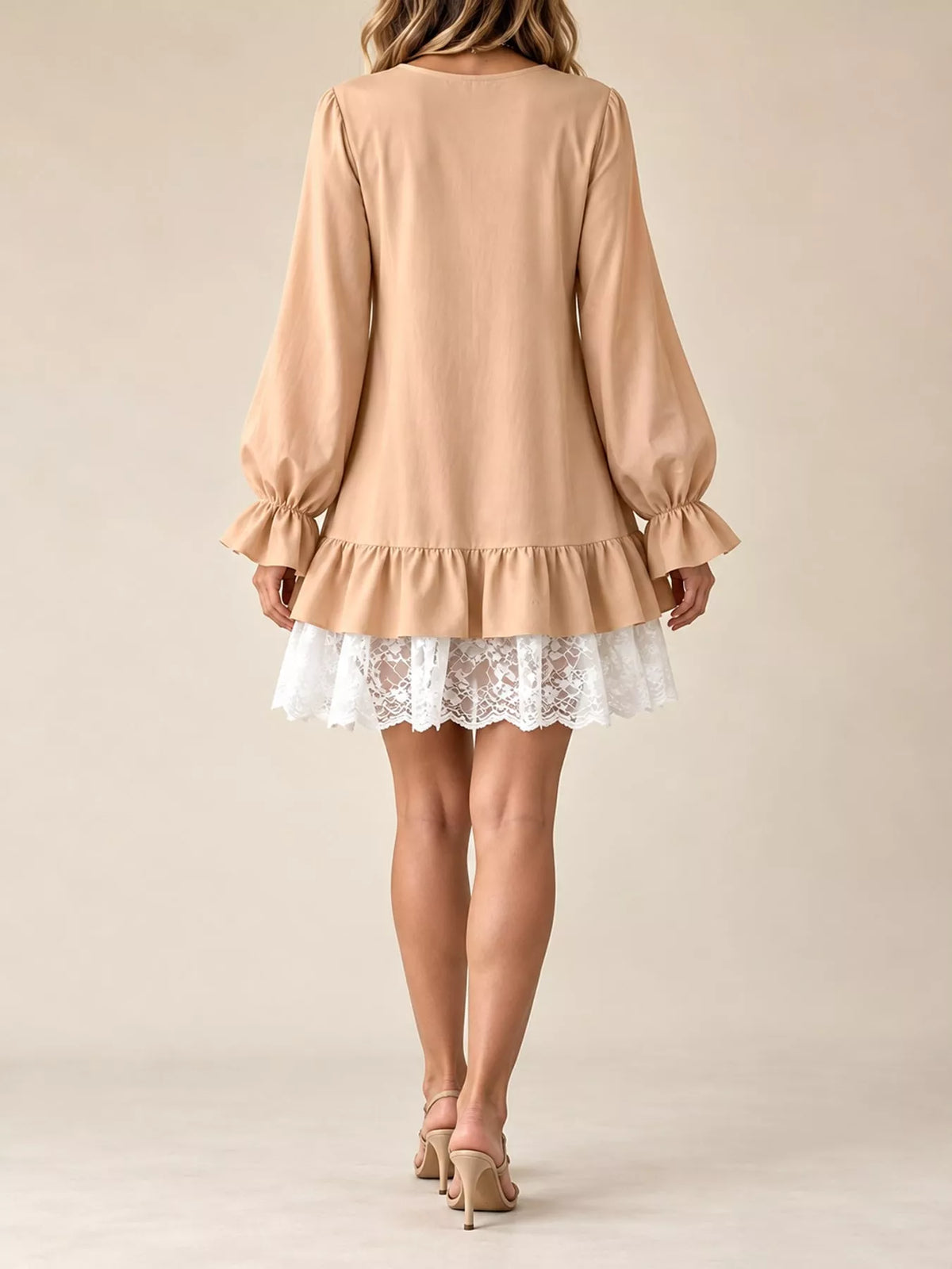 Lace-hem dress, beige back
