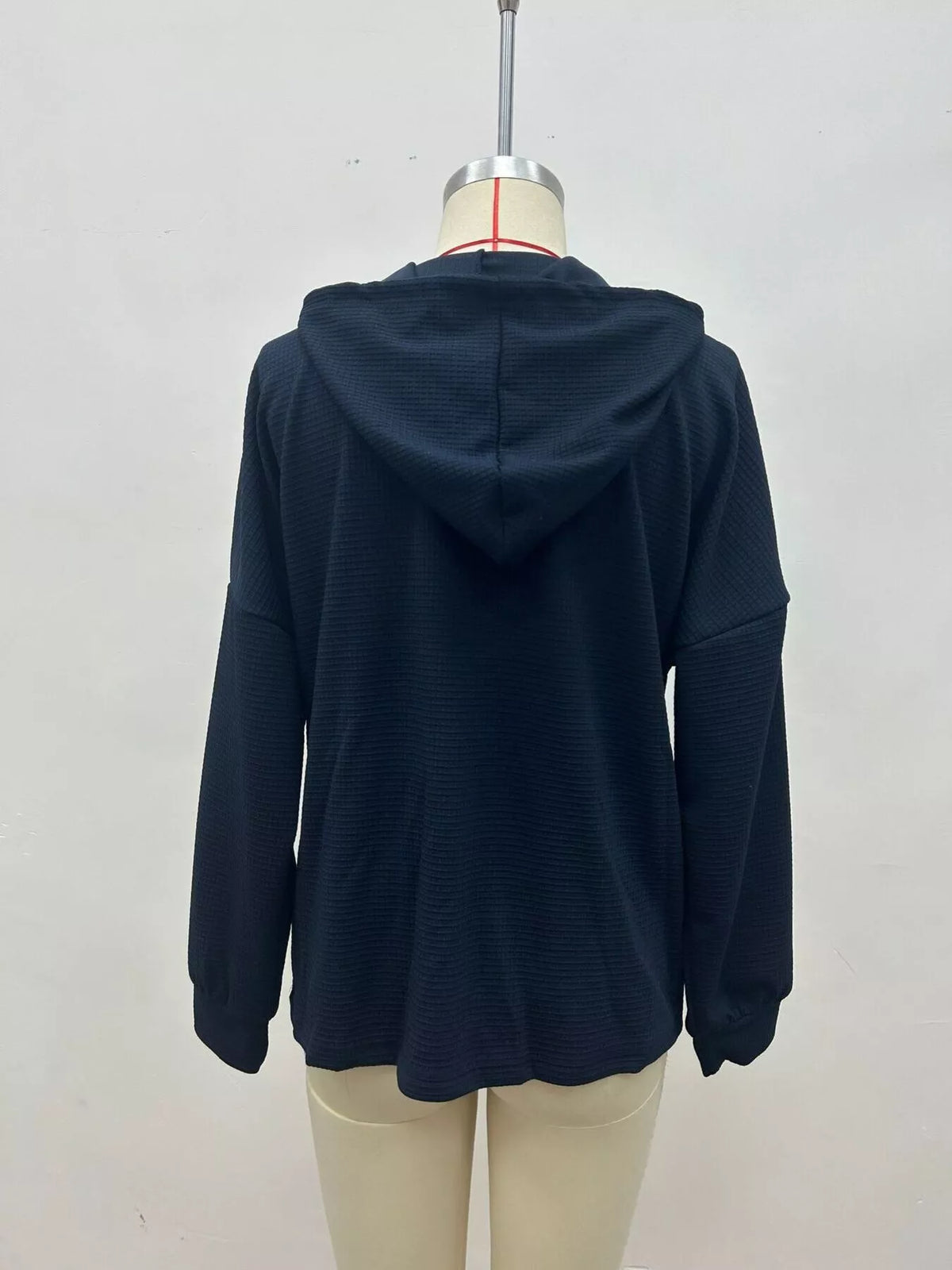 Women's Waffle Knit Drawstring Long Sleeve Hoodie in Navy, back view