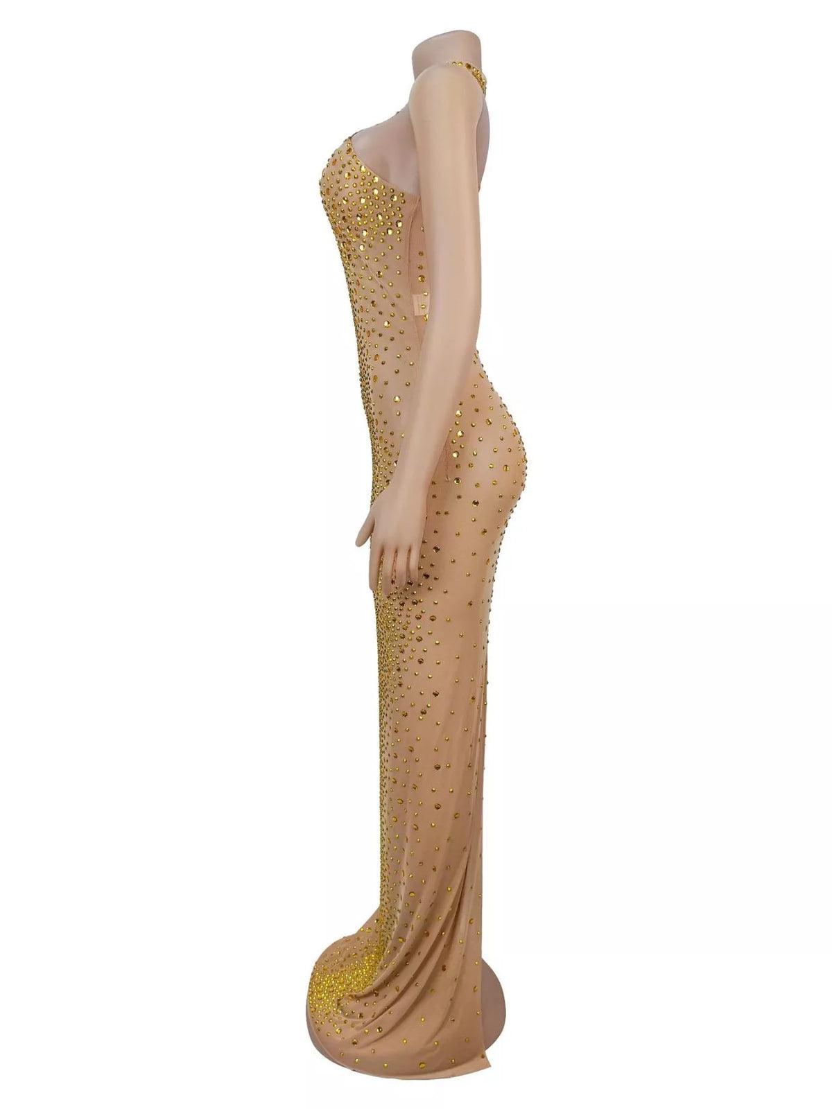 Gold rhinestone mesh maxi dress with back slit, side on mannequin.