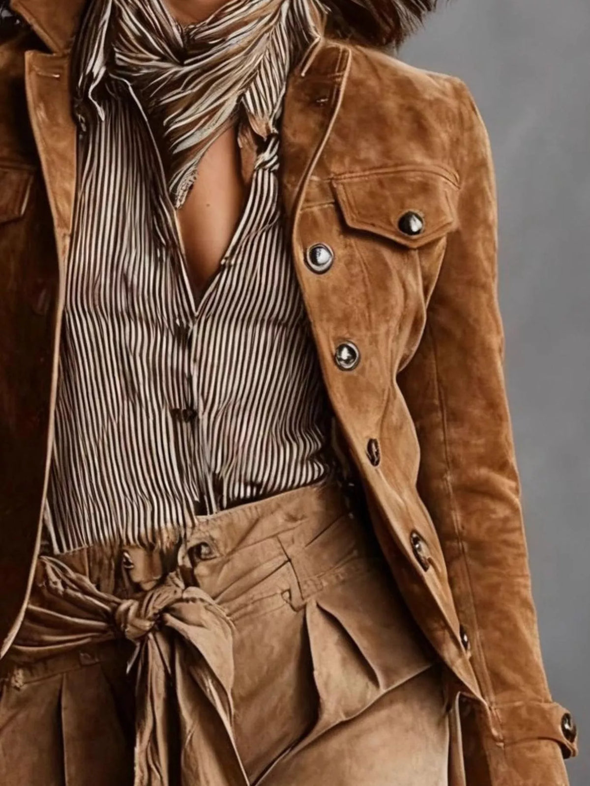 Brown faux-suede button-front utility blazer, collar and chest-pocket detail.