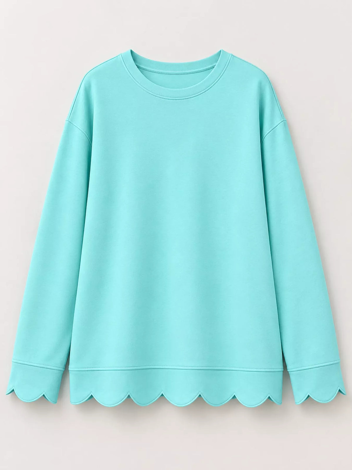 Mint Blue-Green scalloped hem crewneck sweatshirt
