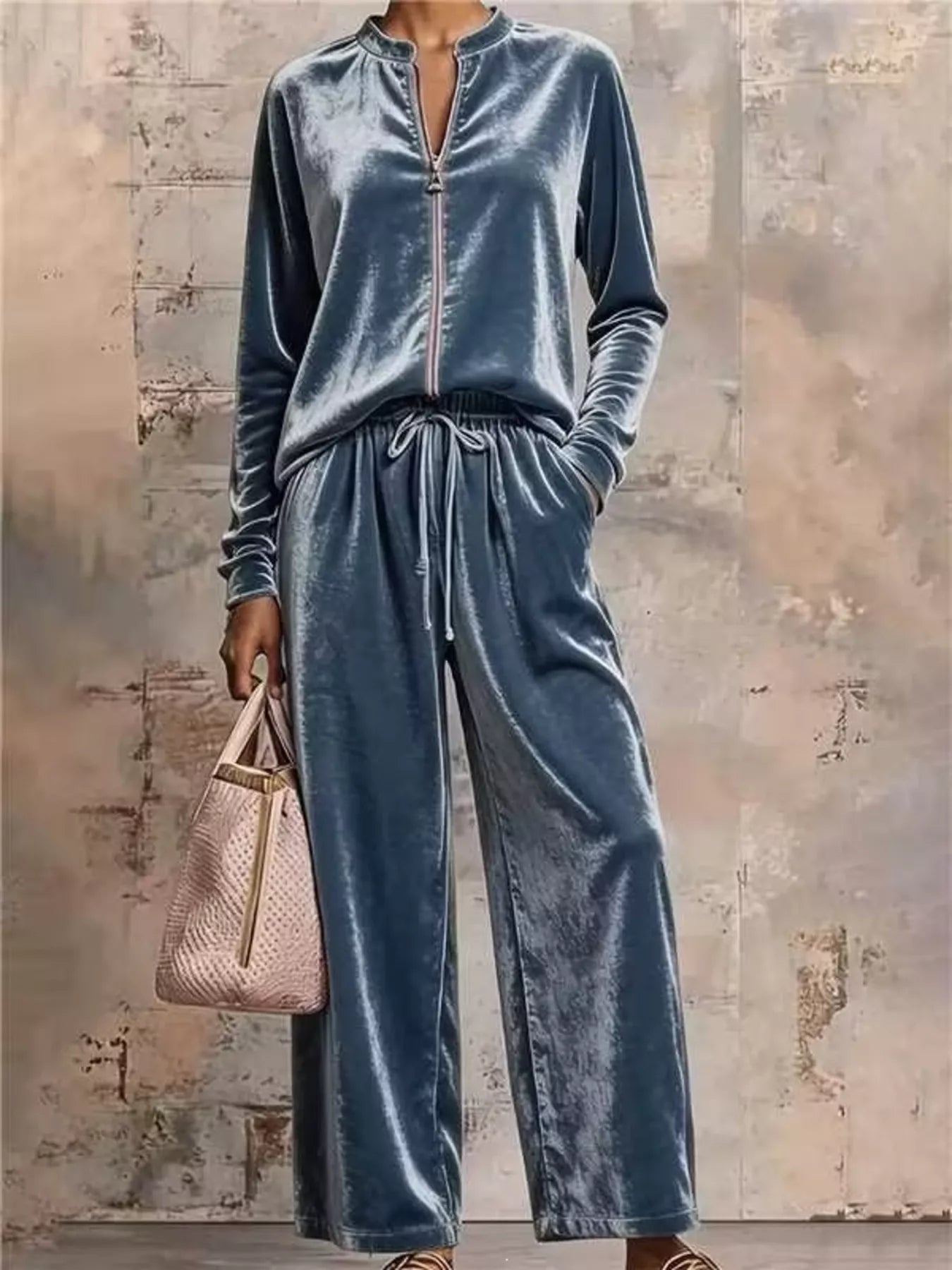Trendsi Velvet Zip-Up Top and Pants Set -