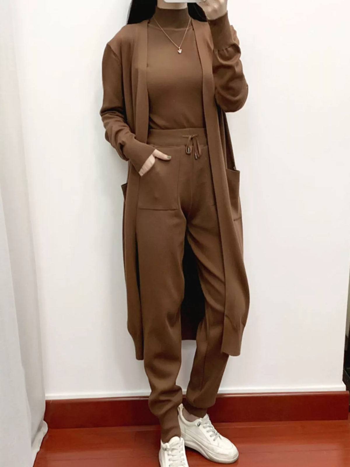 Sleeveless Top and Drawstring Joggers Sweater Set with Long Cardigan — front view