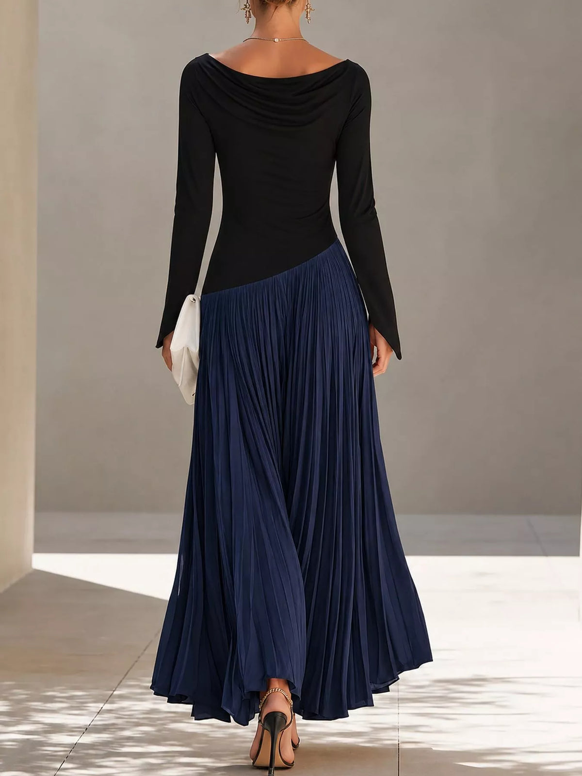 Cowl neck long sleeve maxi dress, back view