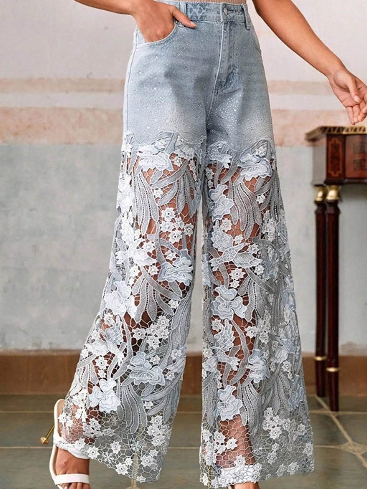 Light blue and white floral lace wide-leg jeans