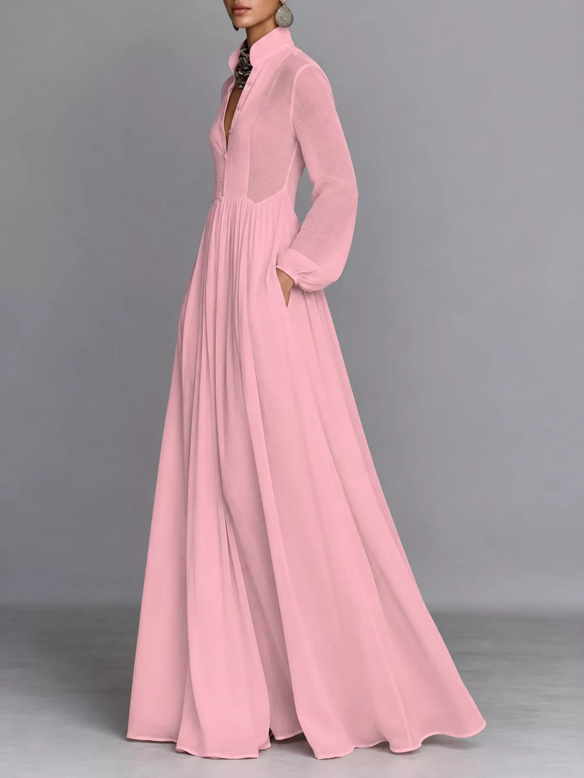 Pink long sleeve button-front maxi dress