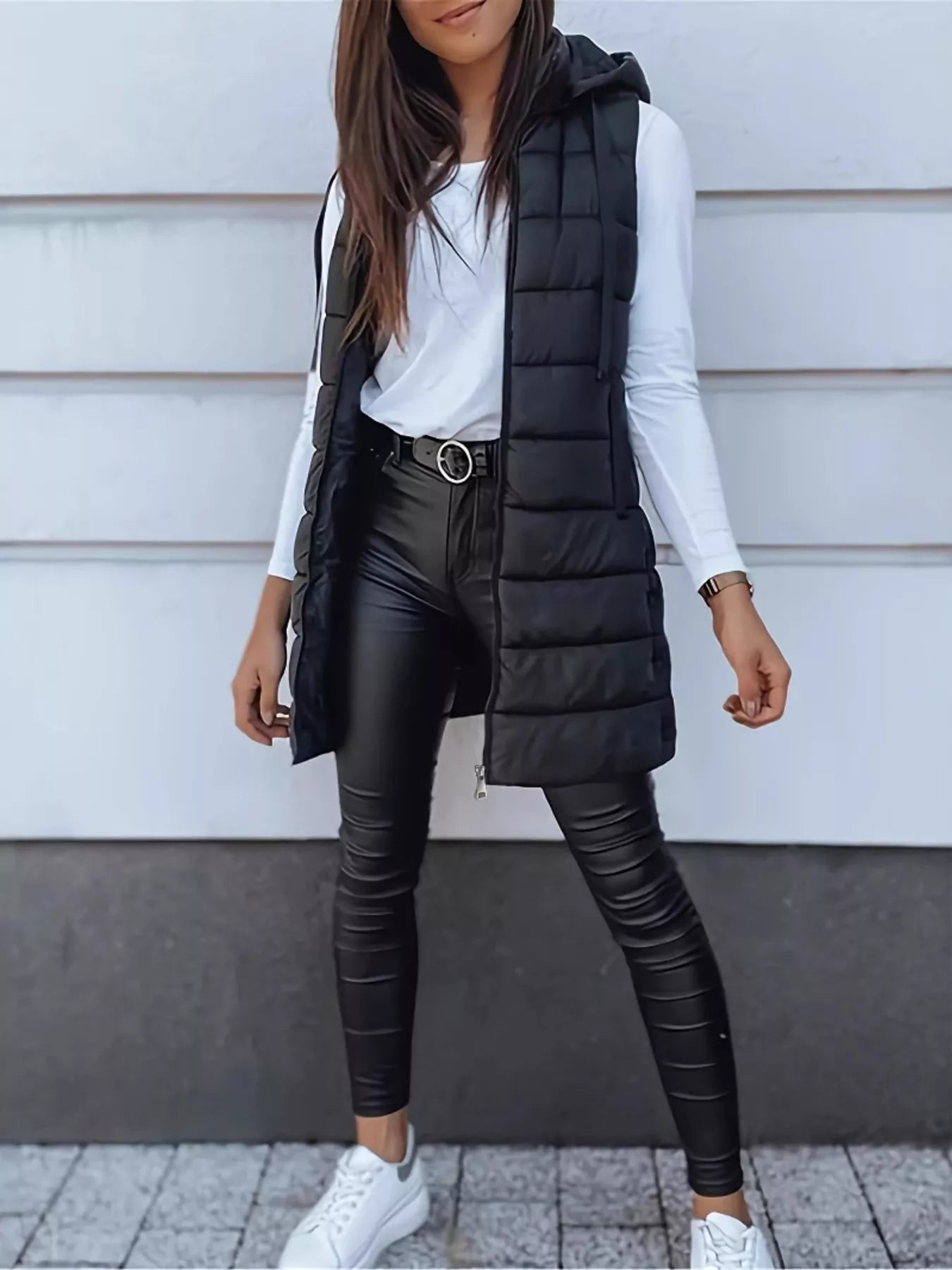 Trendsi Zip Up Longline Hooded Puffer Vest Coat -