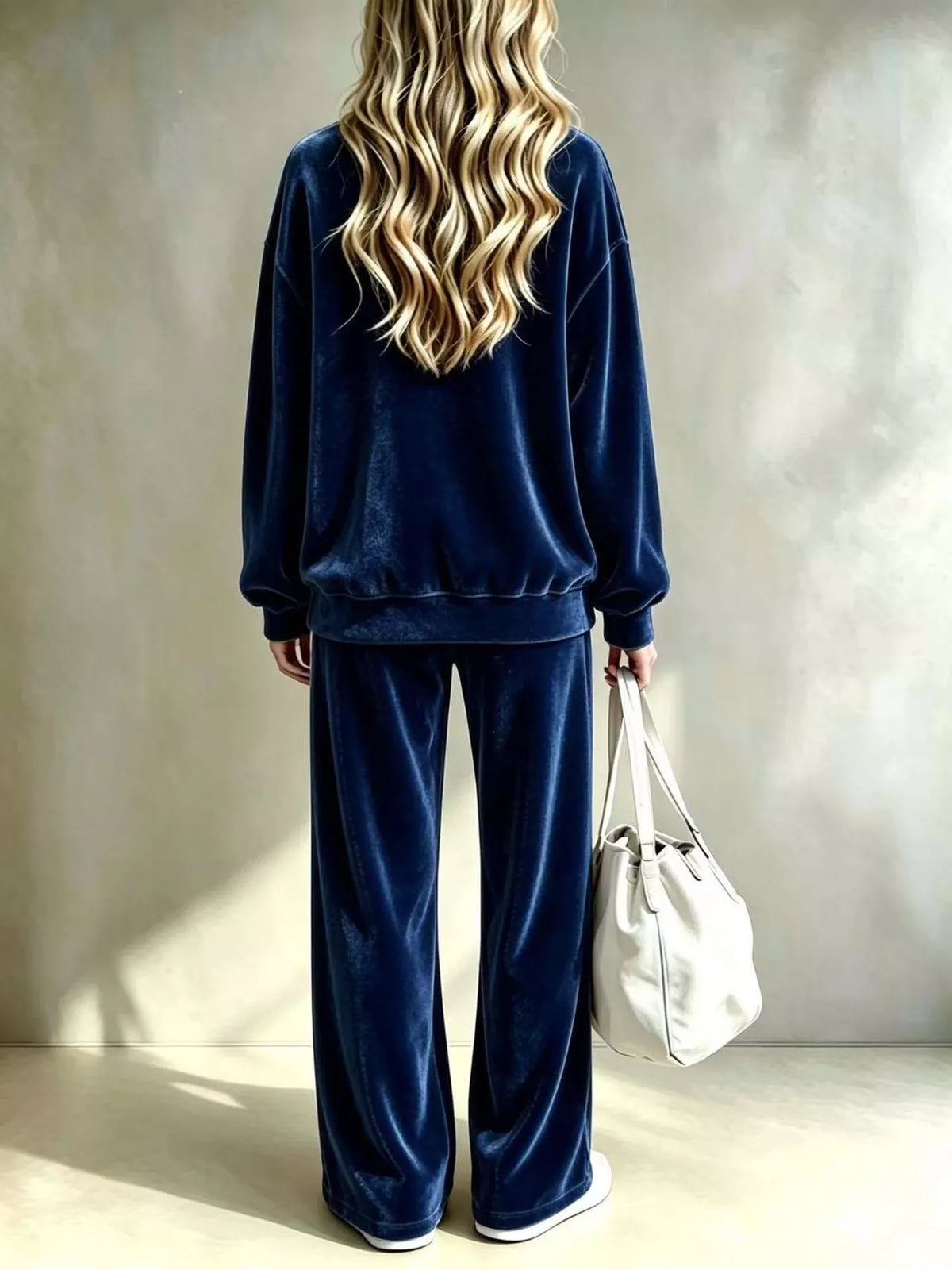 Women's Dropped Shoulder Velvet Top and Wide Leg Pants Set in navy — back view