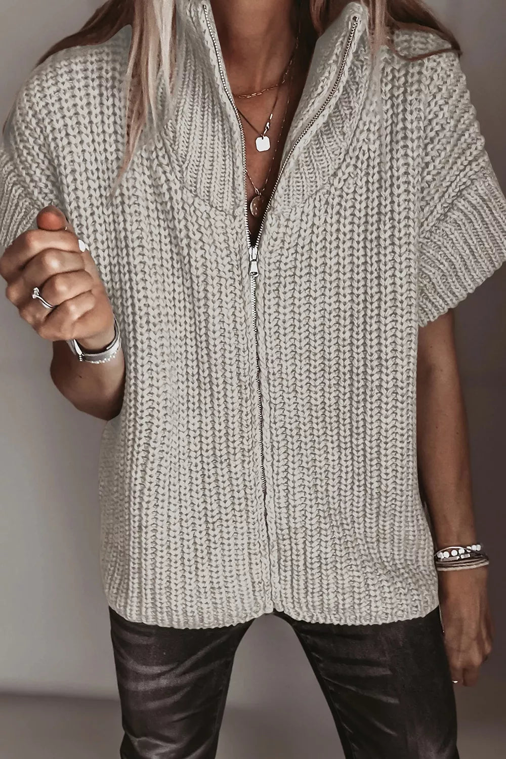 Trendsi Solid Color Short Sleeve Zipper Knit High Neck Sweater -