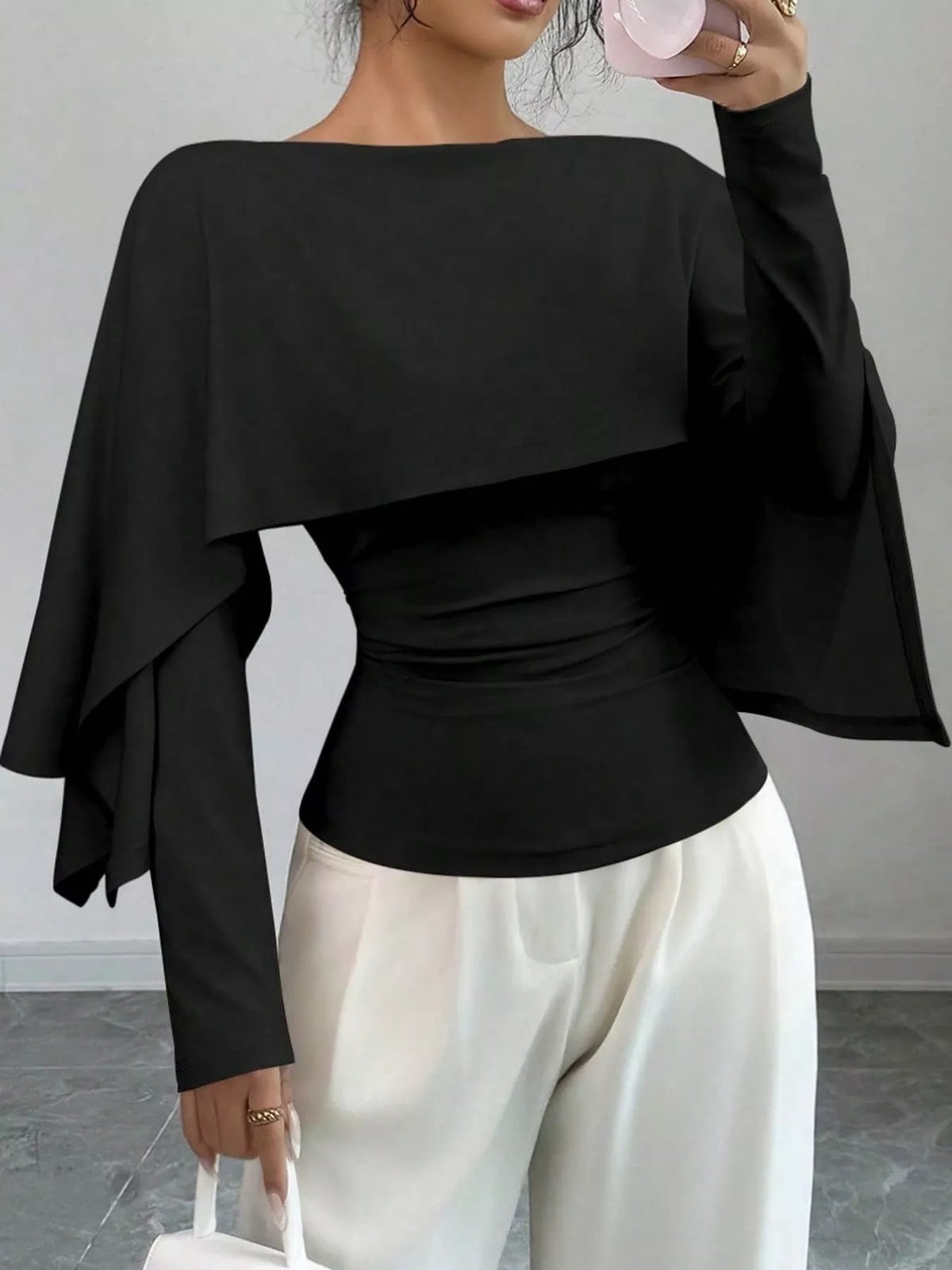 Layered Cape-Style Blouse with Slim-Fit Bodice — front view