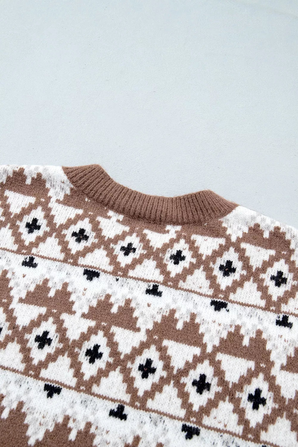 Women's Geometric Print Drop Shoulder Casual Pullover Sweater in Caramel, alternate front view