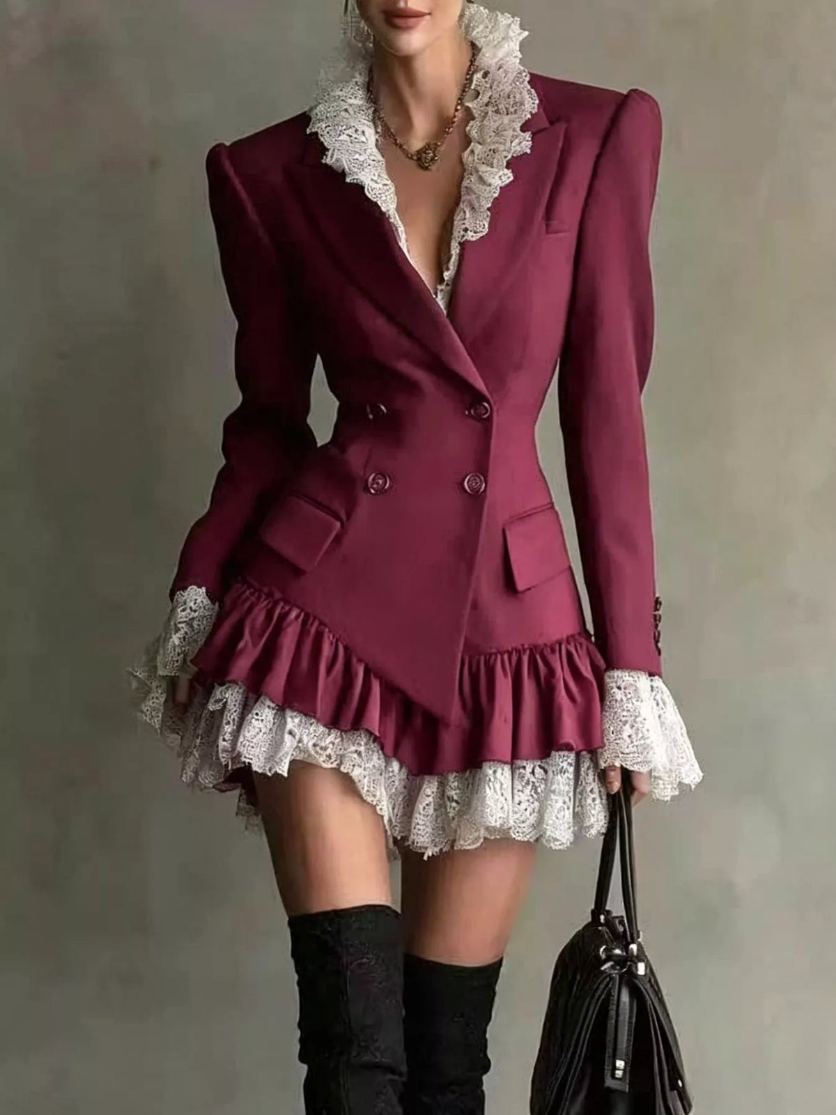 Collared long sleeve mini dress, front view on model