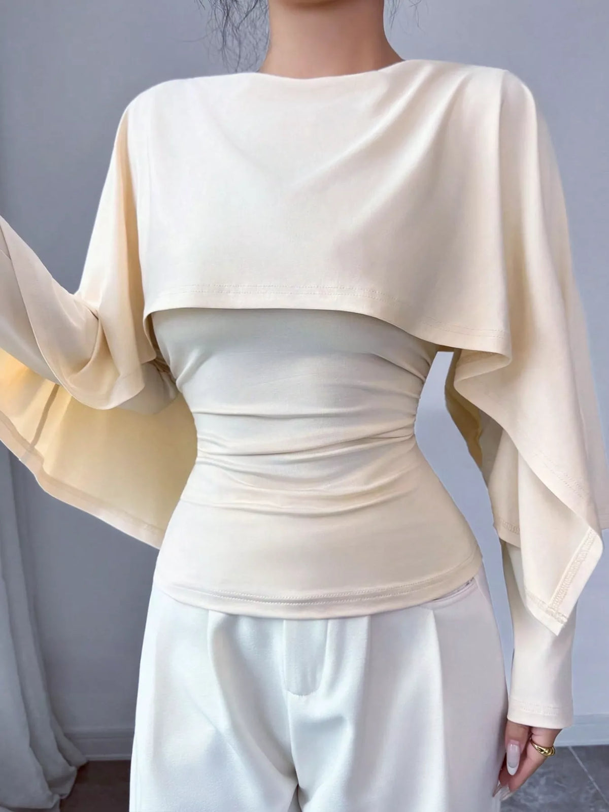 Layered Cape-Style Blouse with Slim-Fit Bodice — front view