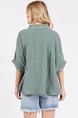 Trendsi Mittoshop Mineral Wash Gauze Dolman Sleeve Button Down Shirt -