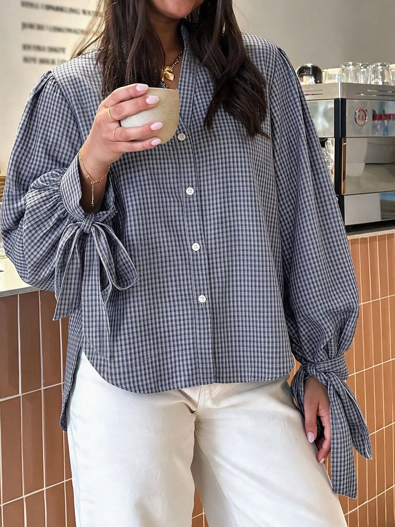 Trendsi Gingham Button Up Shirt with Tie-Sleeve Detail -