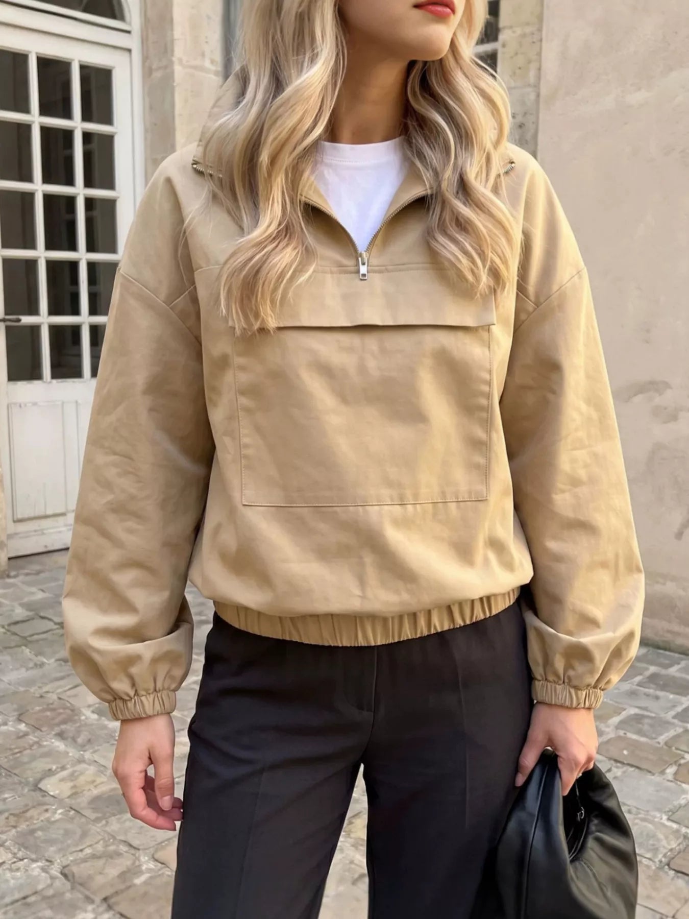 Trendsi Quarter Zip Front Flap Pocket Top -
