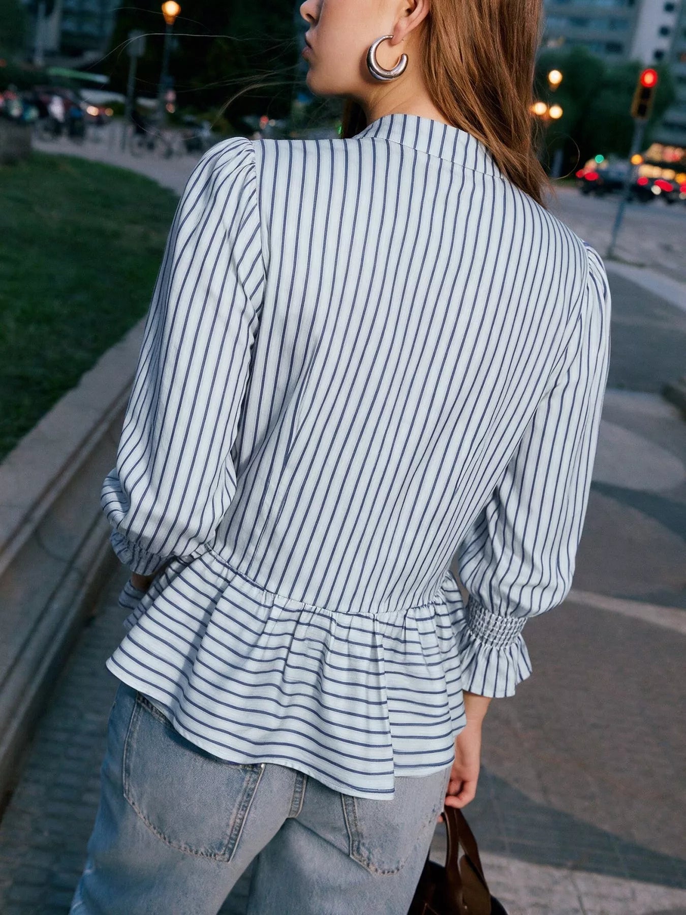 Trendsi Striped Mandarin Knot Buttons Peplum Hem Shirt -
