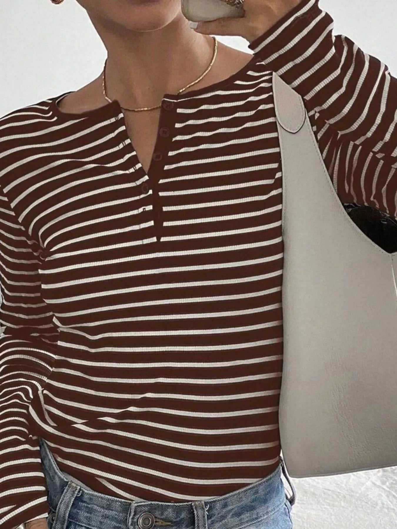 Trendsi Long Sleeve Striped Henley T-Shirt -