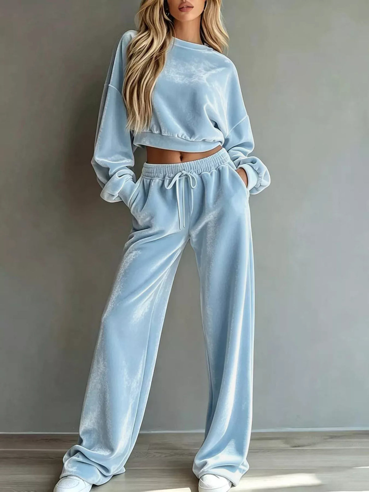 Light Blue Cropped Sweatshirt & Wide-Leg Pants Set front view