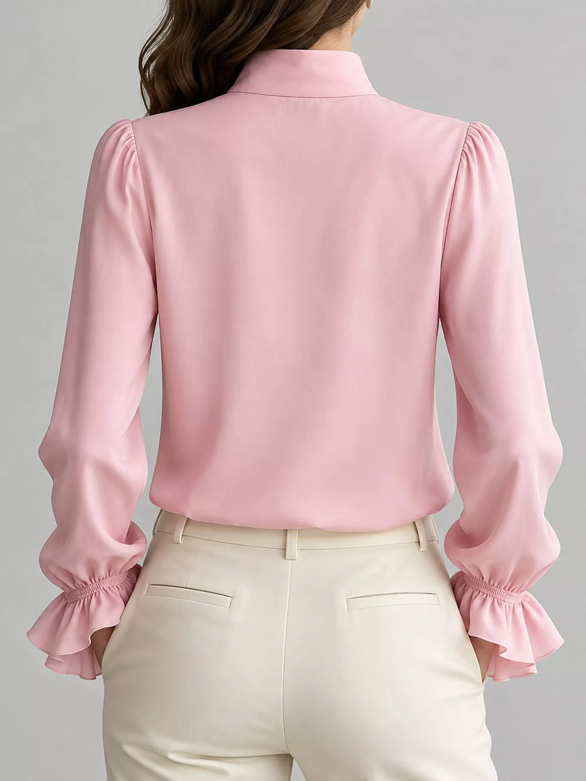 Ruffled Stand-Collar Blouse with Long Lantern Sleeves, back view