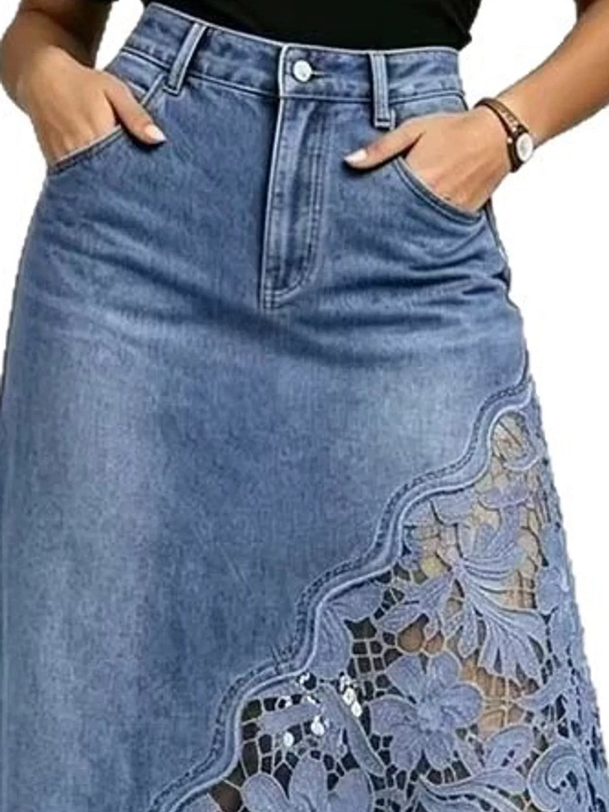 Lace-panel denim skirt, light blue waist and lace panel