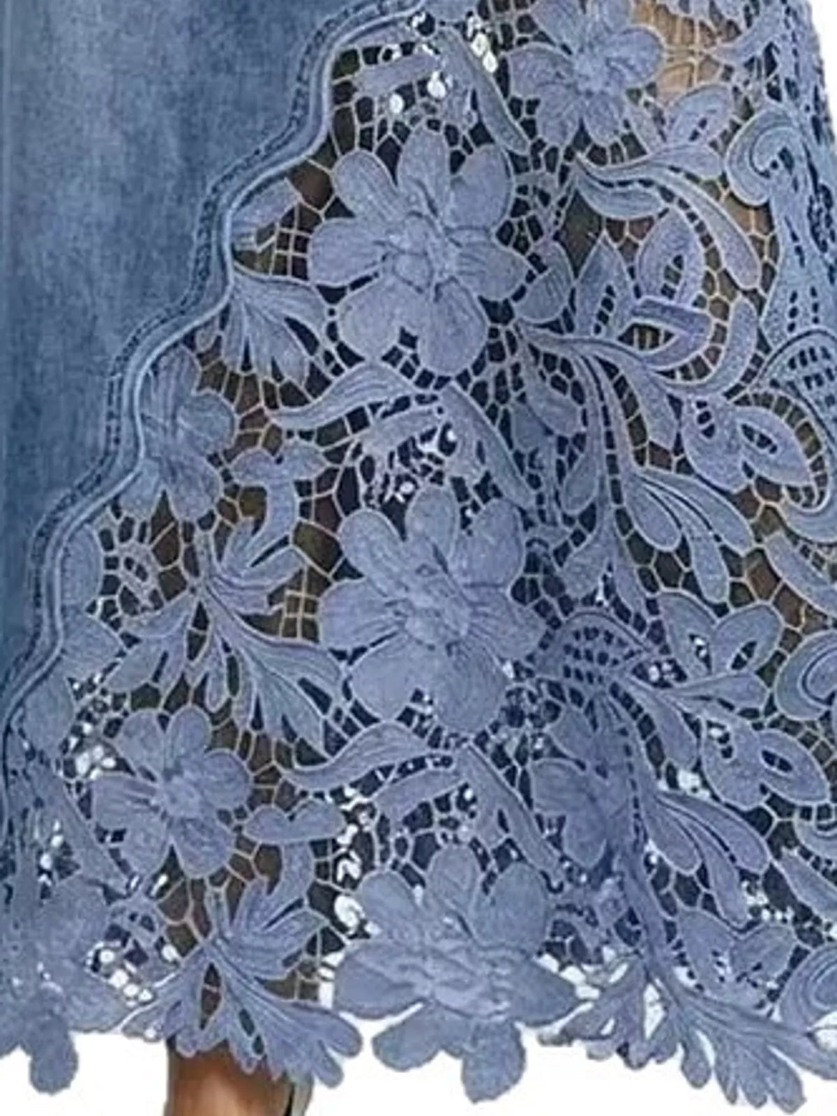 Lace-panel denim skirt, light blue floral lace detail