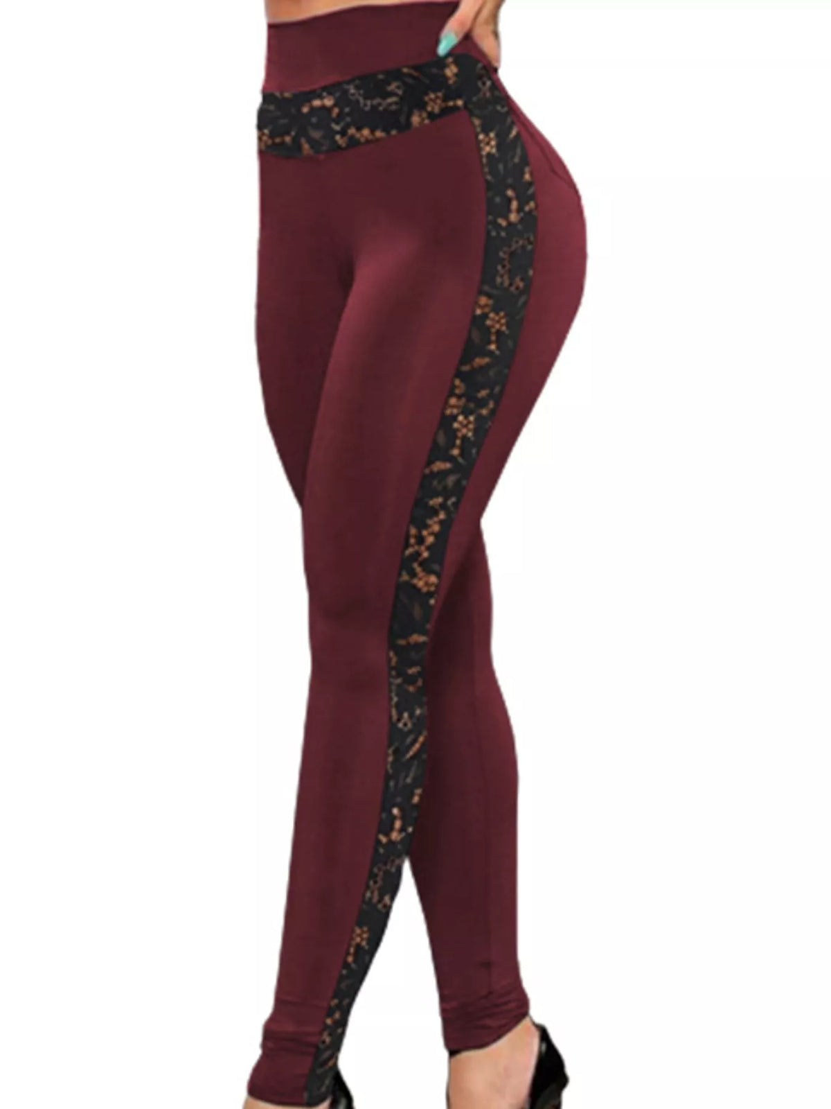 Burgundy high-waisted floral lace-trimmed leggings