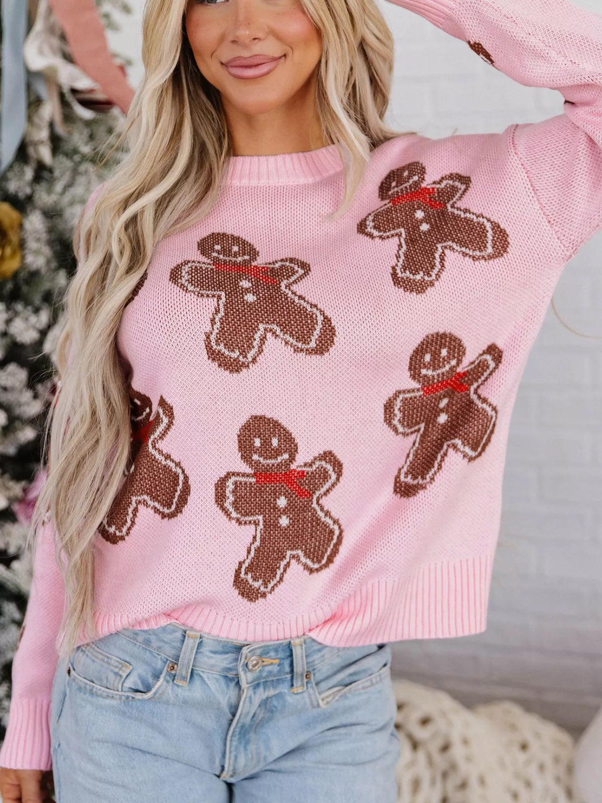 Gingerbread-pattern round-neck long sleeve sweater
