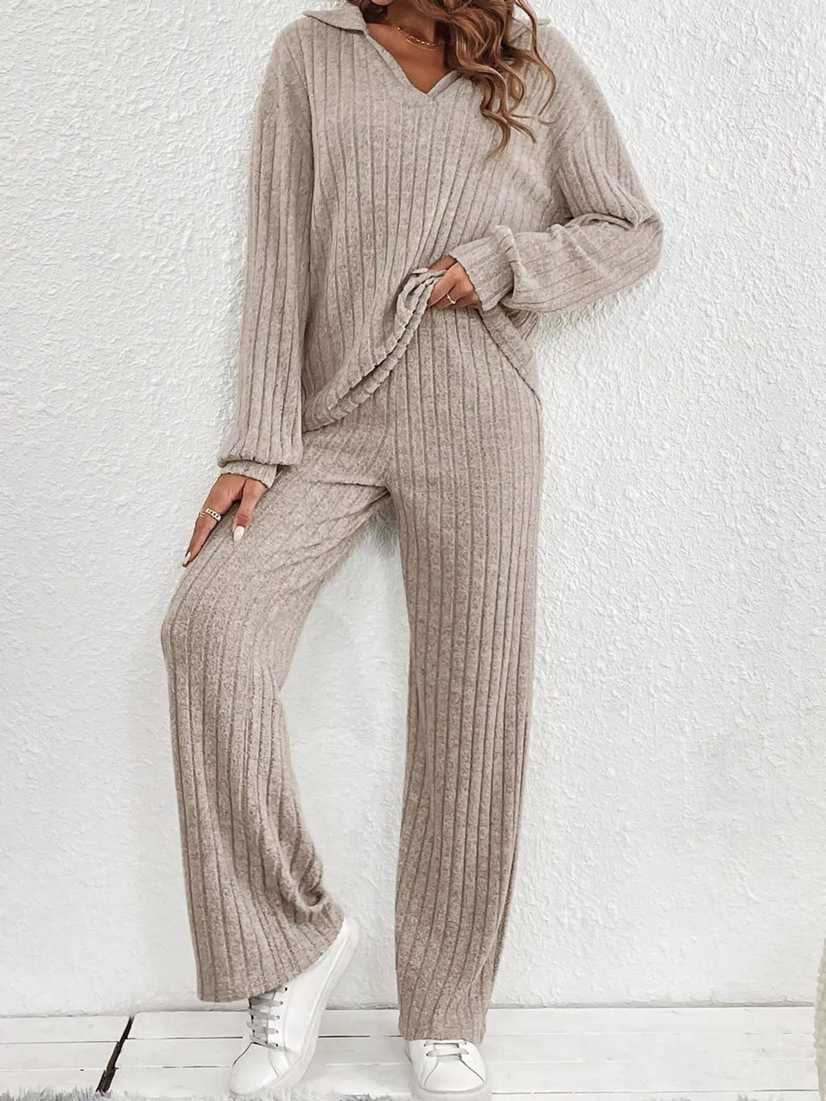 Ribbed Knit Collared Top and Wide Leg Pants Set in taupe