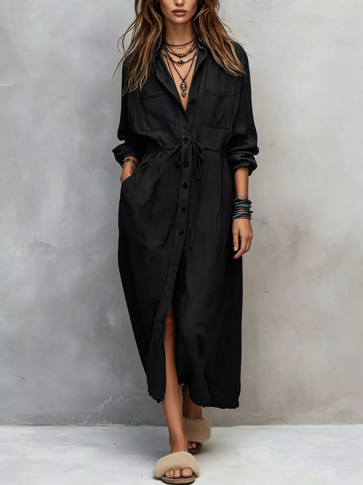 Black Button-Front Long Sleeve Maxi Shirt Dress front view