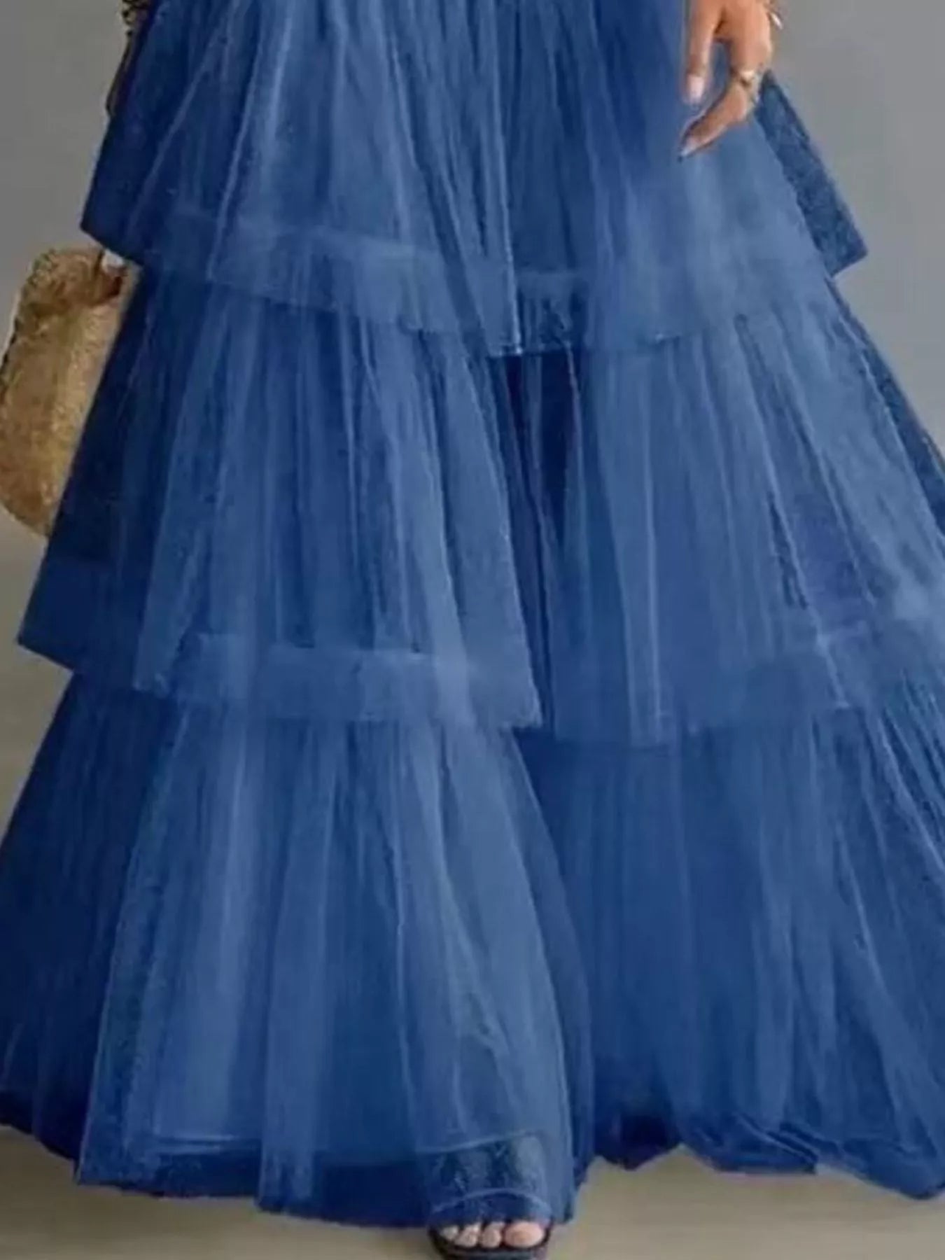 Trendsi High-Waisted Button-Front Denim and Tulle Maxi Skirt -