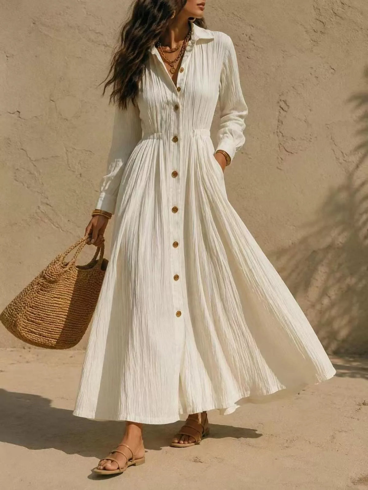 Beige button-down textured maxi shirt dress