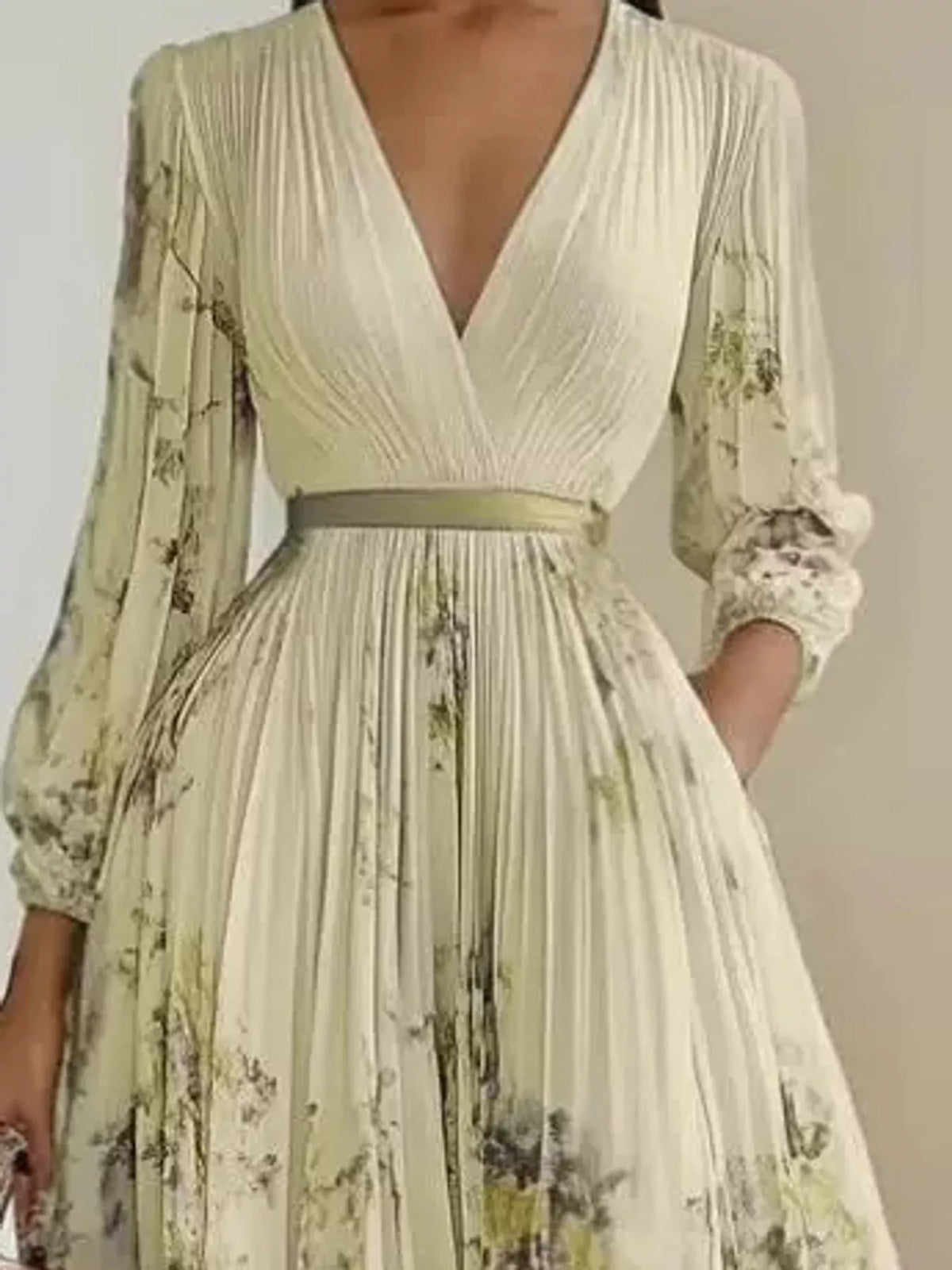 V-neck long sleeve maxi dress, construction and design details