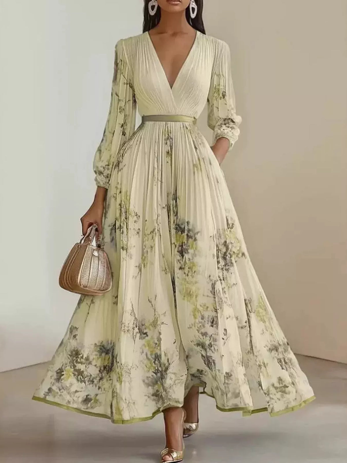 V-neck long sleeve maxi dress, front view on model