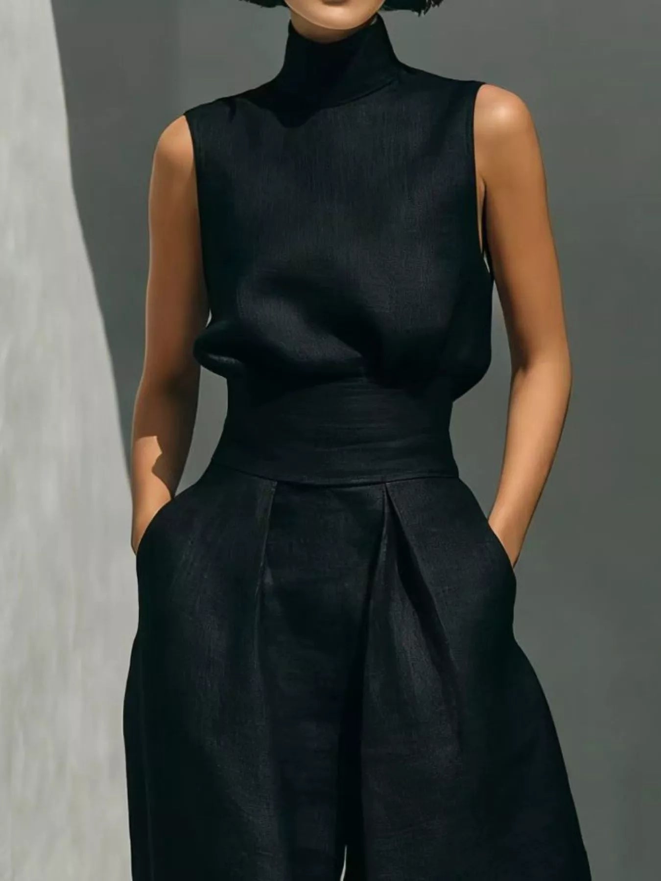 Turtleneck sleeveless top and wide-leg pants set