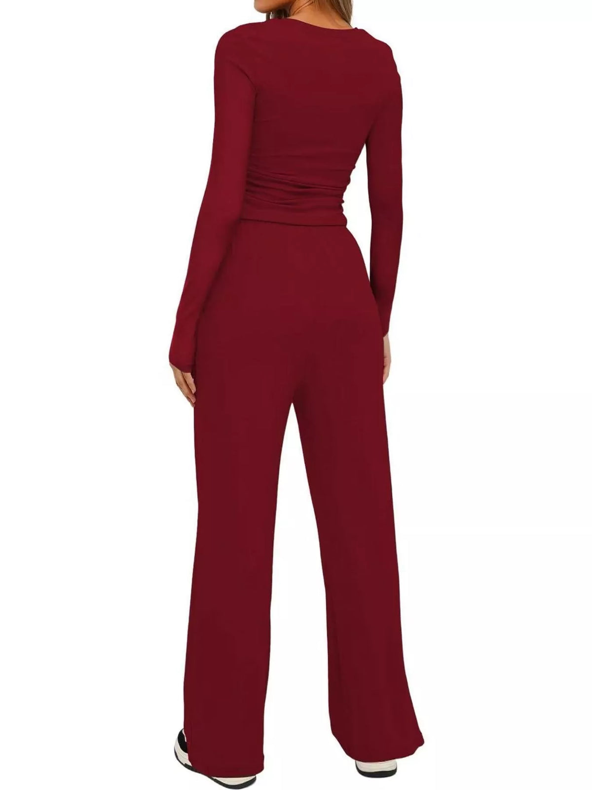 Long Sleeve Top and Wide-Leg Drawstring Pants Set — back view