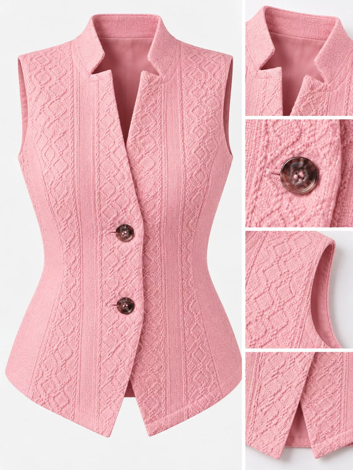Textured Button-Down Vest in pink, construction detail
