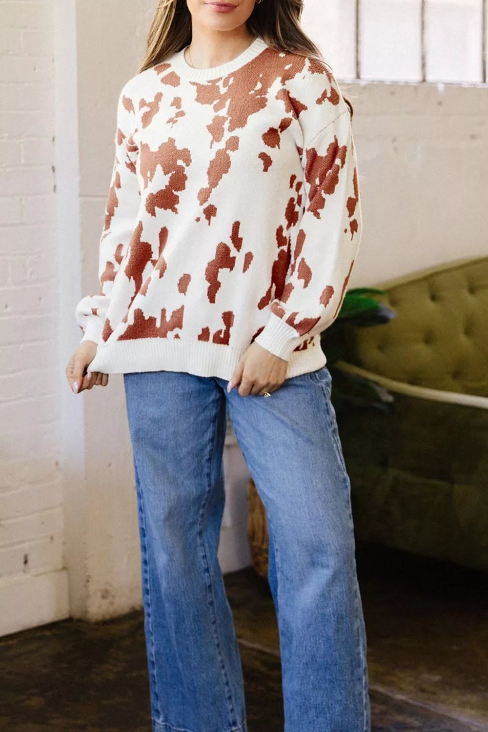 Trendsi Abstract Print Drop Shoulder Long Sleeve Round Neck Sweater -