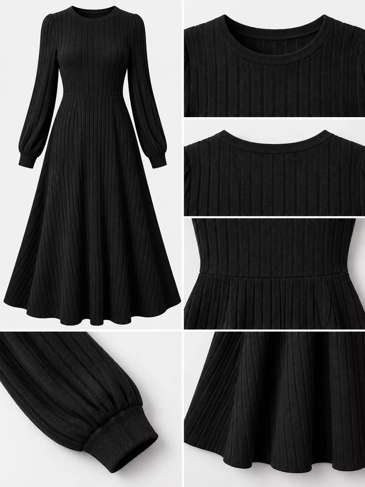 Women's Ribbed Knit Long Sleeve A-Line Midi Dress in black — detail collage view